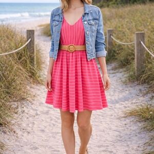 Pink Striped Summer Dress Size Medium Fit & Flare Cinched Waist Feminine Beachy